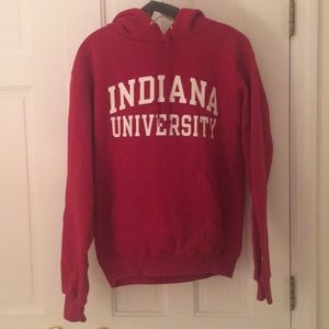 University of Indiana red hooded sweatshirt.